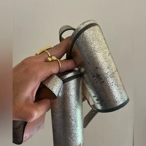 Chloè Gold Metallic 70s Leather Glam Platform Ankle Strap Sexy Disco Heels 37/7 - Picture 5 of 9